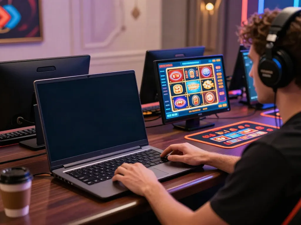 Player exploring games not on gamstop at a modern online casino, vibrant graphics, cozy atmosphere.