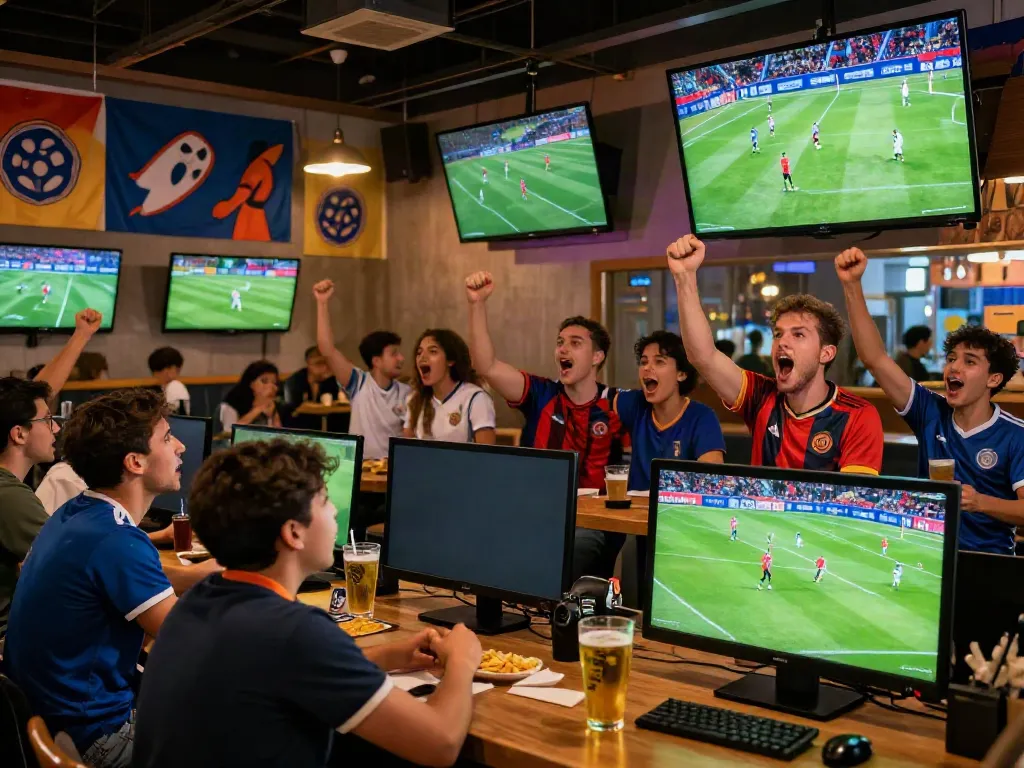 Socolive fans enjoying live soccer matches at a vibrant sports bar with cheering and excitement.