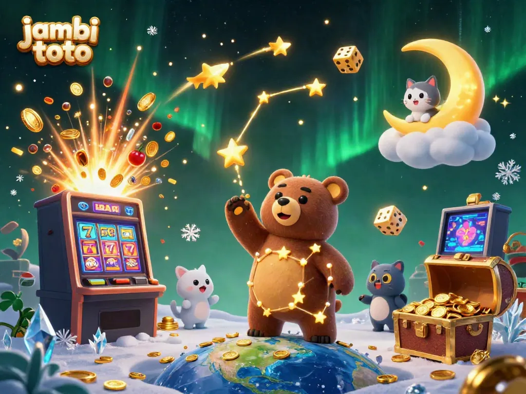 Experience thrilling jambi toto gaming with a vibrant 3D casino scene of a constellation bear and slot machine treasures.
