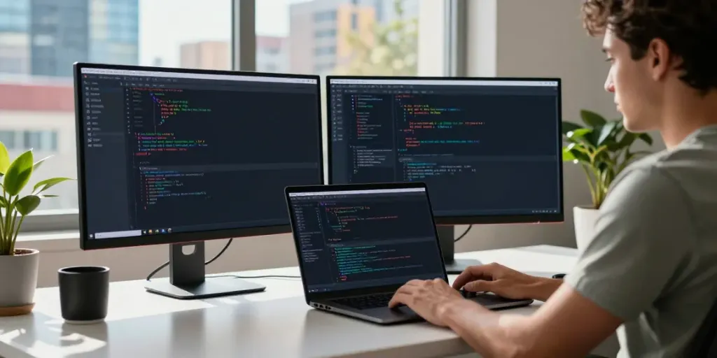 Developer implementing instant indexing API in a modern workspace.
