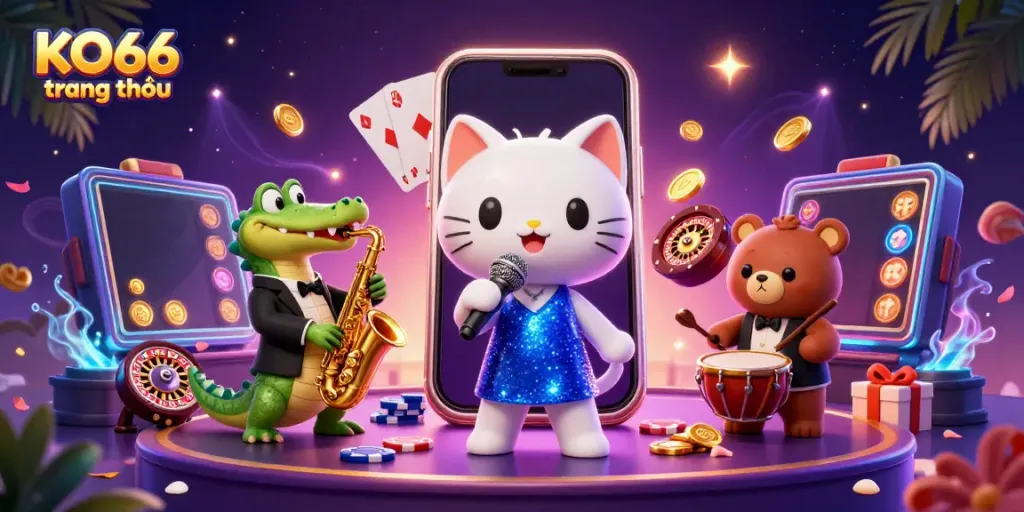 Activate thrills at KO66 trang chủ with colorful slot games, featuring dynamic characters in an electrifying casino scene.