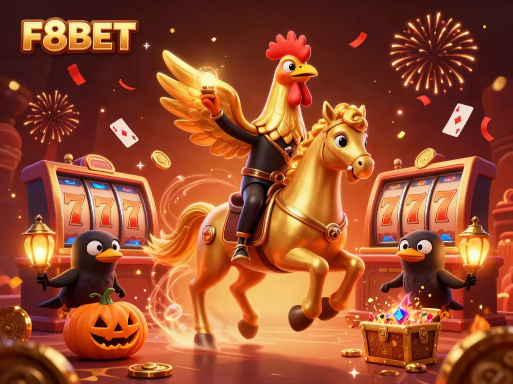 Join the excitement of F8BET with festive characters enjoying vibrant casino games.