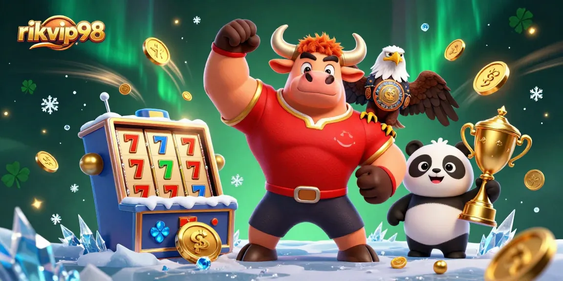 Spin into winning action at rikvip98 with vibrant slots, a muscular bull mascot, and casino magic.