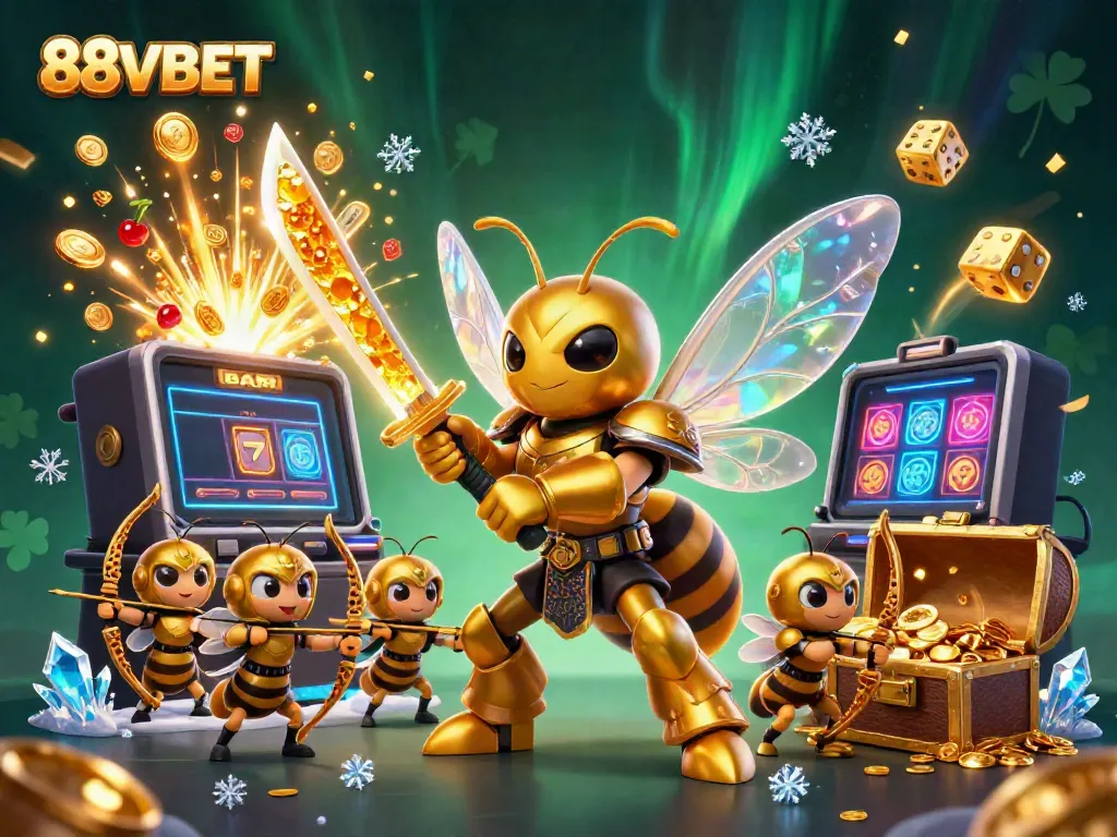 88VBET features a dynamic 3D illustration of a samurai hornet and bee archers among casino elements, showcasing gaming excitement.