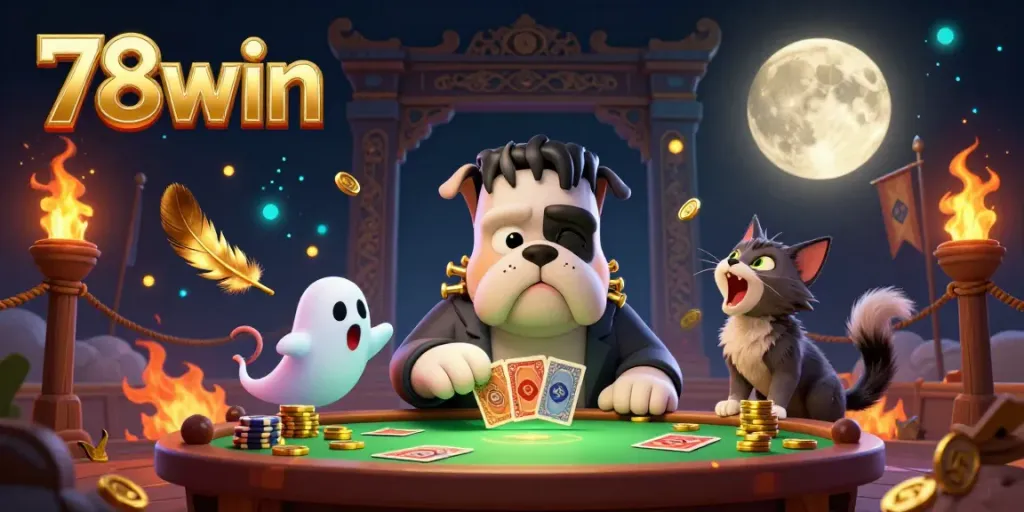 Experience the energy of 78win with a 3D cartoon illustration featuring a Frankenstein bulldog dealing cards at a casino table.