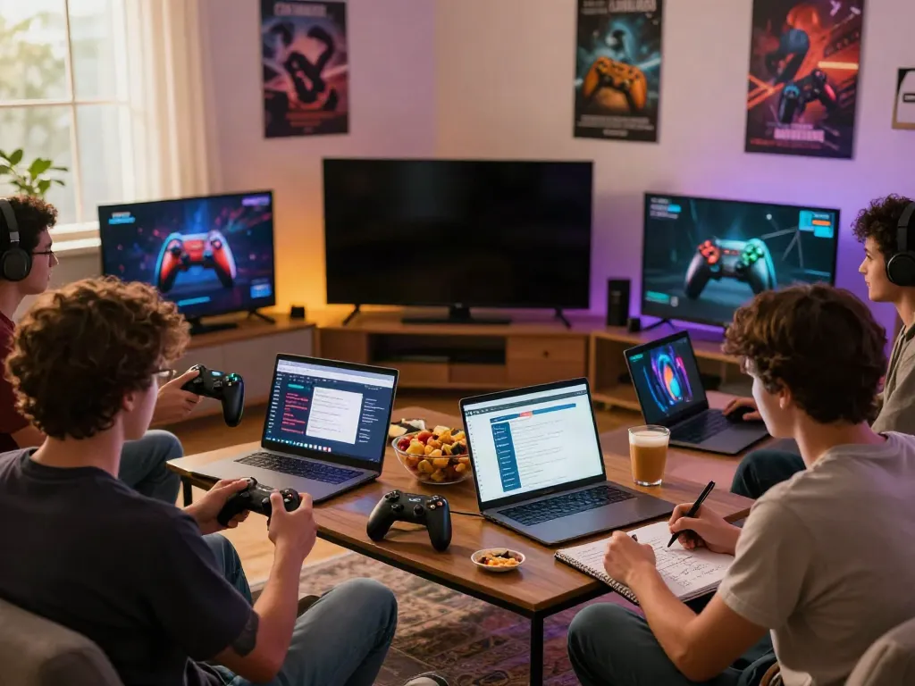 Exciting gaming night scene with friends exploring games not on gamstop.
