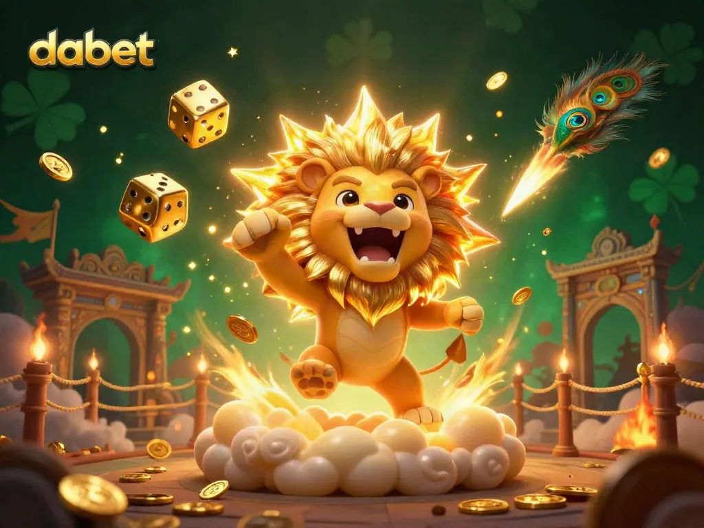 Dabet captures thrilling casino action with a roaring lion, golden dice, and vibrant casino elements.