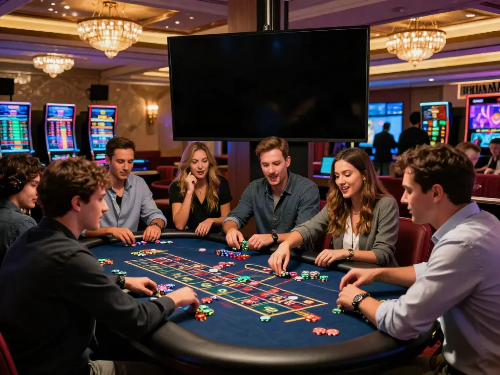 Exciting casino atmosphere with players enjoying games not on GamStop around a roulette table.