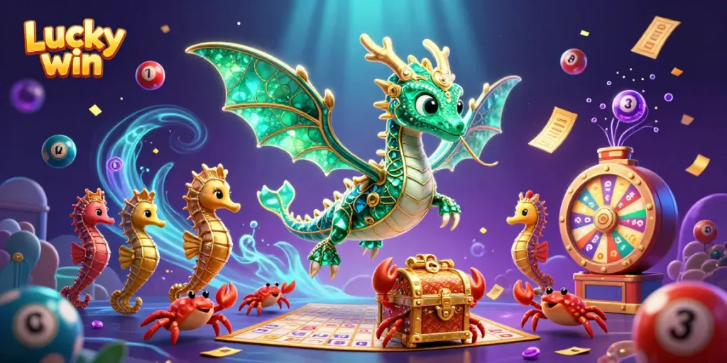 Experience the thrill of Lucky win with vibrant lottery elements and a magical sea dragon!