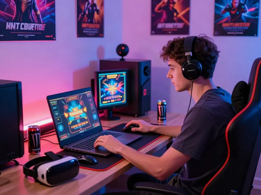 Engaged player enjoying games not on GamStop in a lively home office.
