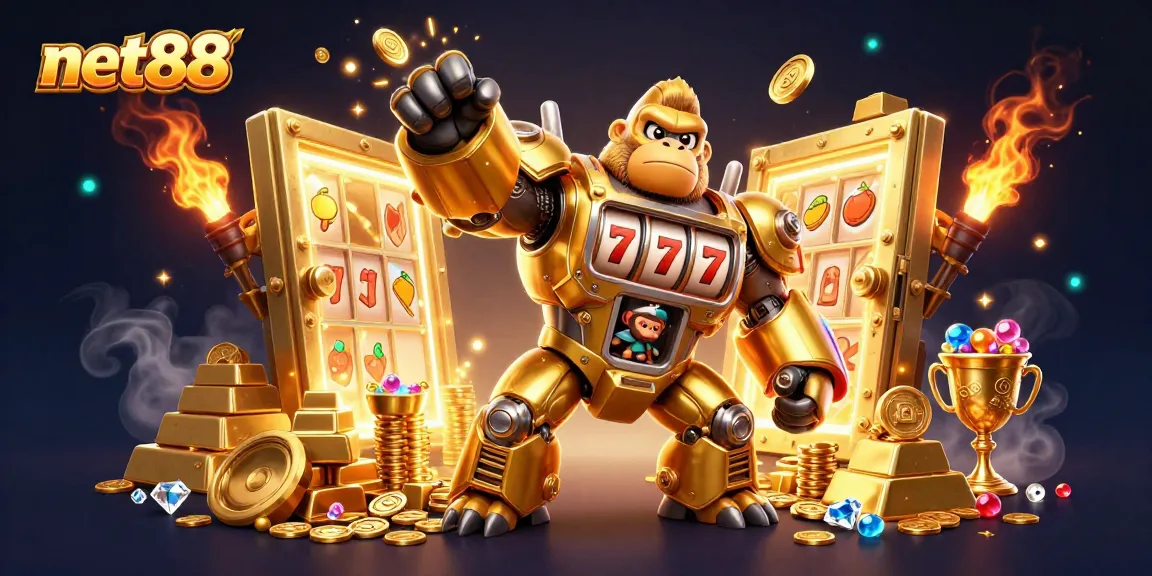 Experience thrilling gameplay with net88 featuring a golden gorilla mech and slot machine elements.