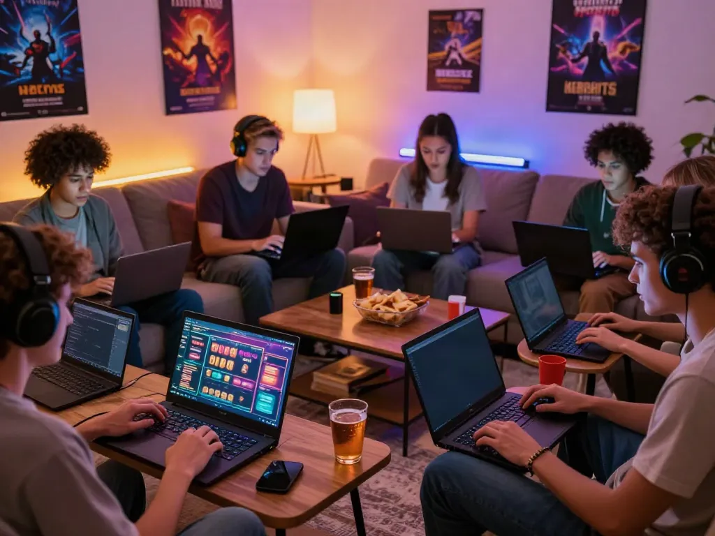 Friends enjoying games not on GamStop in a cozy living room setting with vibrant gaming atmosphere.