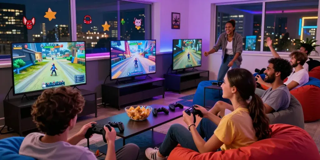 Friends playing games not on gamstop in a vibrant gaming lounge.