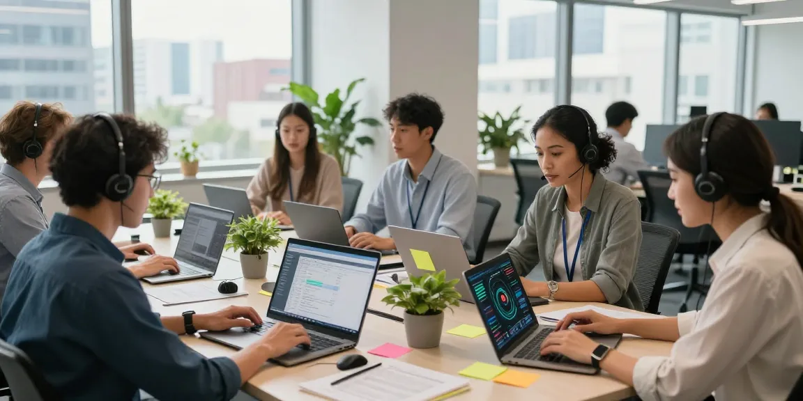 Dynamic corporate workspace showcasing small business IT support services with a collaborative team in a modern office.