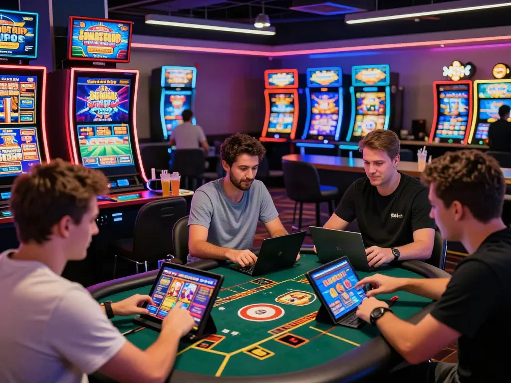 Thrilling scene of players enjoying games not on GamStop in a lively casino atmosphere.