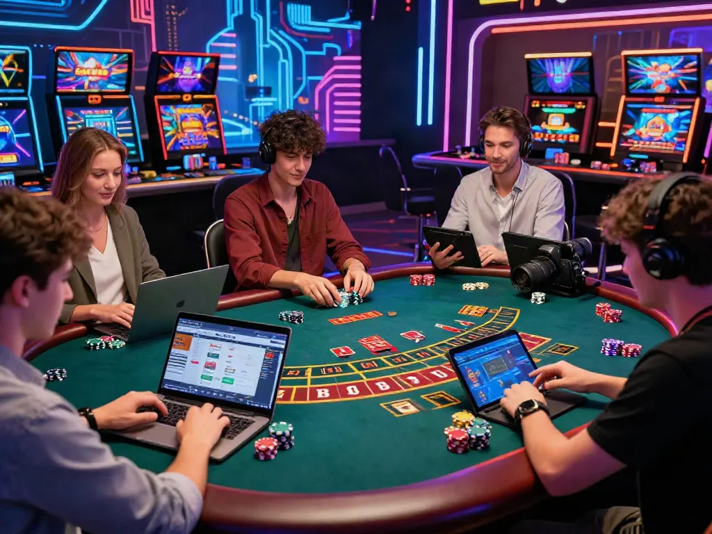 Players enjoying games not on GamStop at a vibrant online casino table, showcasing excitement and interaction.