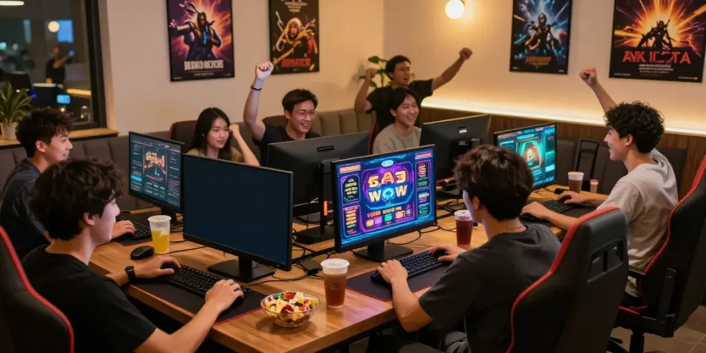 Players enjoying games not on GamStop in a lively gaming lounge.