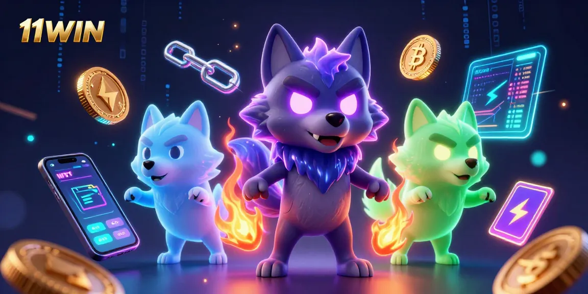 Spin and win at 11WIN with lively digital wolves and vibrant cryptocurrency elements.