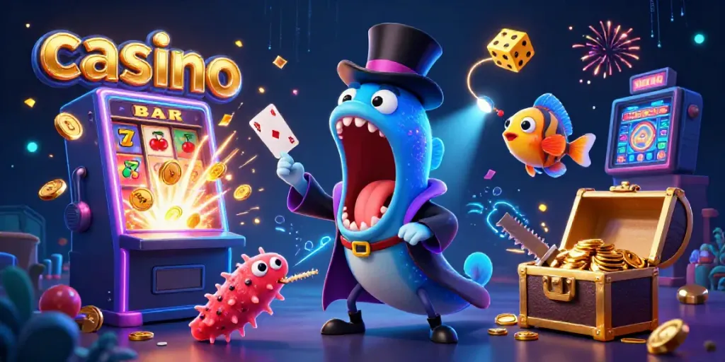 Engaging casino scene with animated deep-sea creatures performing magic tricks amidst vibrant game elements.
