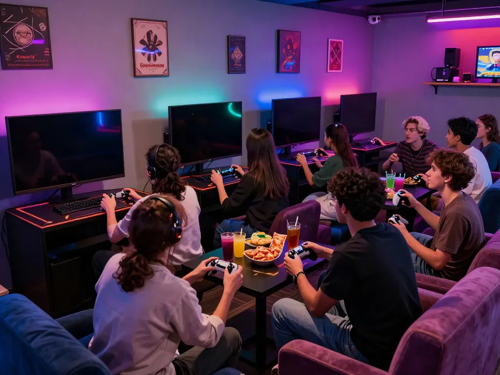 Friends enjoying exciting games not on GamStop in a lively gaming lounge