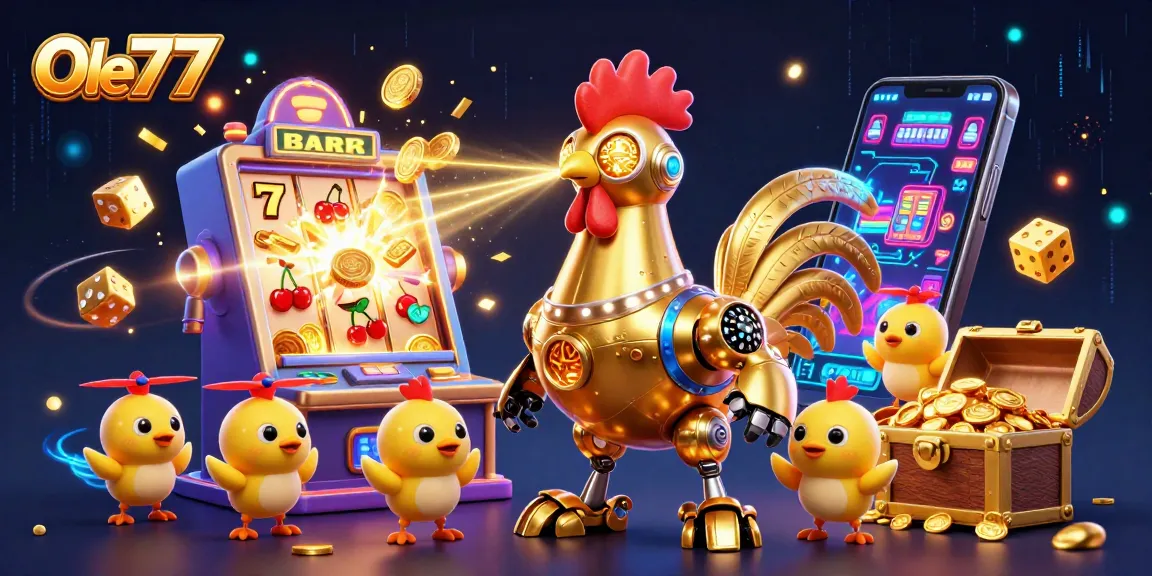 Experience the thrill of Ole777 with a dynamic scene featuring a golden rooster robot and coins bursting from a slot machine.