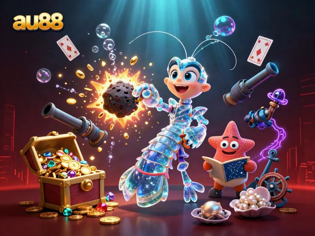 Engage in thrilling gameplay with au88, where a galactic samurai mantis shrimp breaks through an asteroid, surrounded by gold coins and vibrant gems.