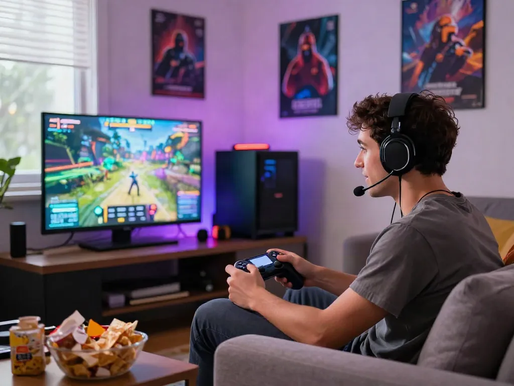 Engaged player enjoying games not on gamstop in a cozy gaming room.