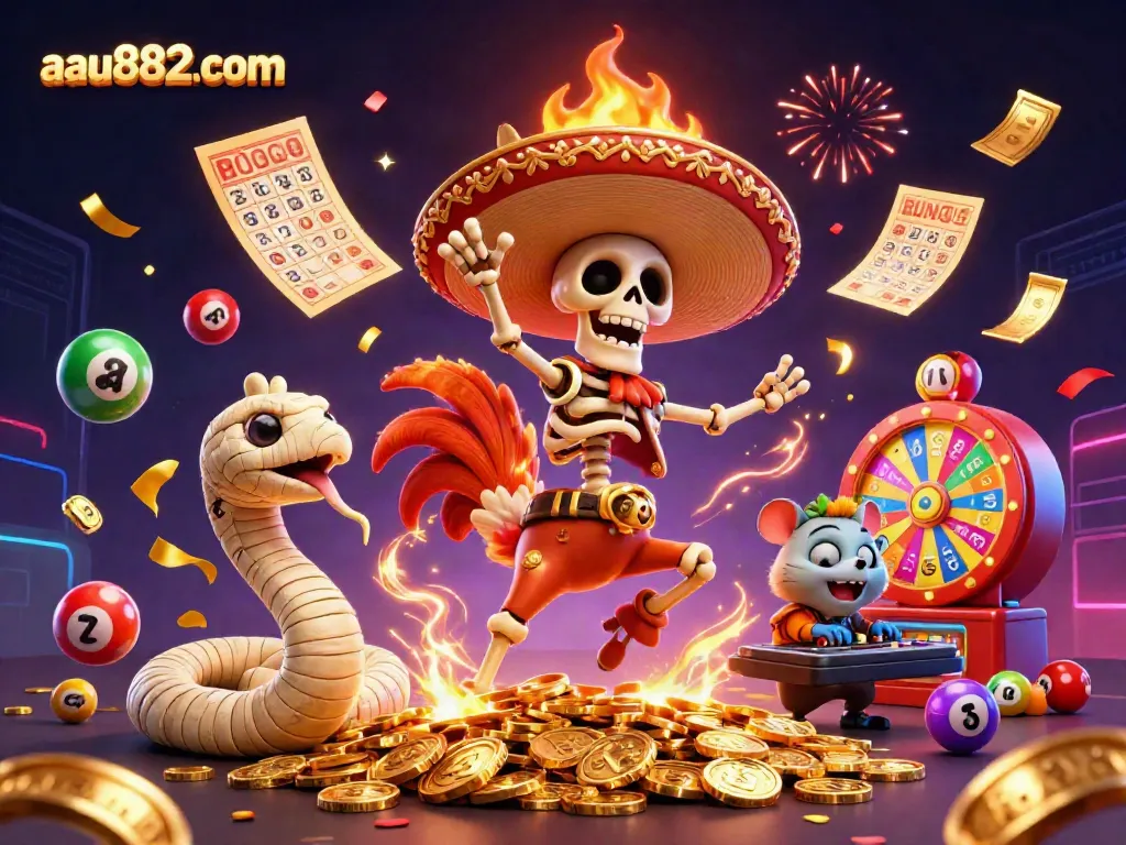 Join the fun at aau882 com as a mariachi skeleton dances on coins amidst lottery excitement.