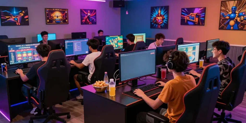 Exciting gaming lounge showing games not on gamstop with friends enjoying a lively experience.
