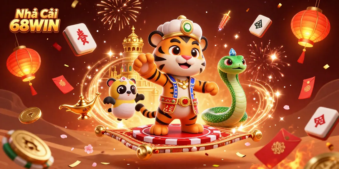 Engage with the excitement of Nhà Cái 68WIN through this vibrant 3D illustration showcasing a Tiger Sultan amidst casino elements.