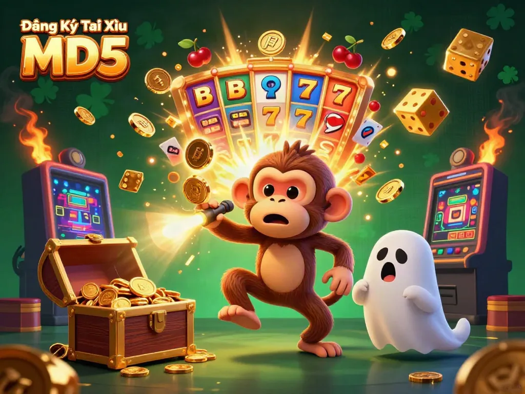 Experience the thrill of Đăng Ký Tài Xỉu MD5 with a playful poltergeist monkey and a curious pup in a vibrant casino.