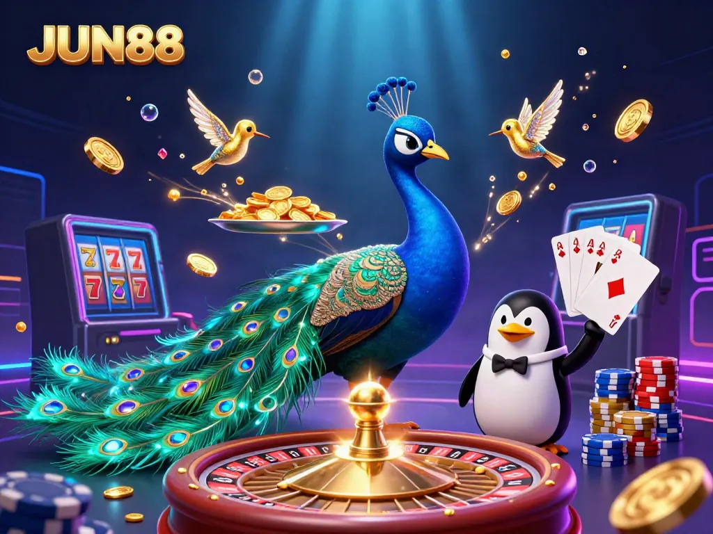 Experience thrilling gameplay at JUN88 with vibrant visuals of casino elements and characters.