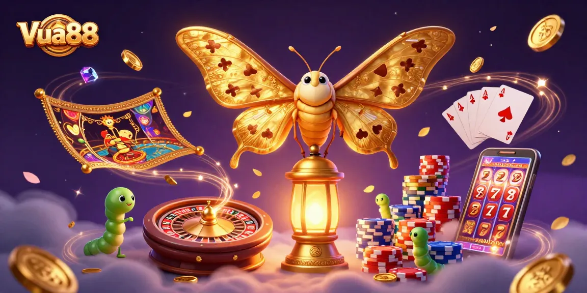 Experience thrilling gaming at Vua88 with vibrant 3D illustration of casino elements and golden motifs.
