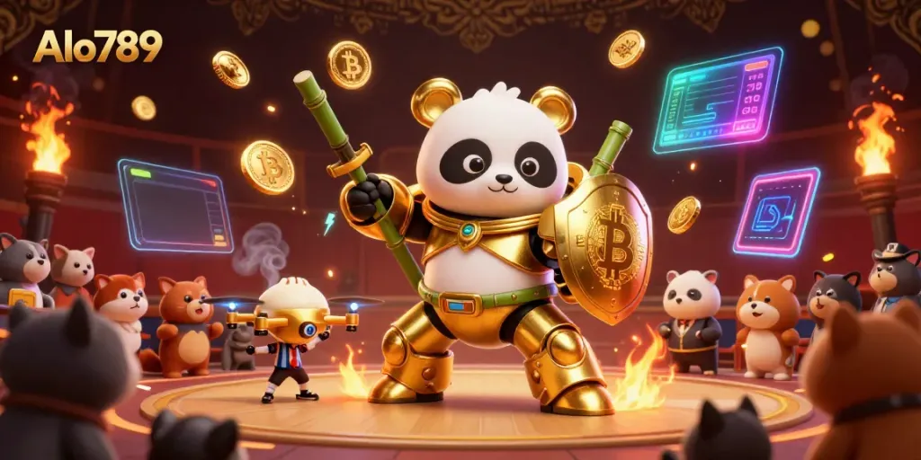 Alo789 showcases an epic golden panda battling in a dynamic cockfighting arena, surrounded by crypto coins.