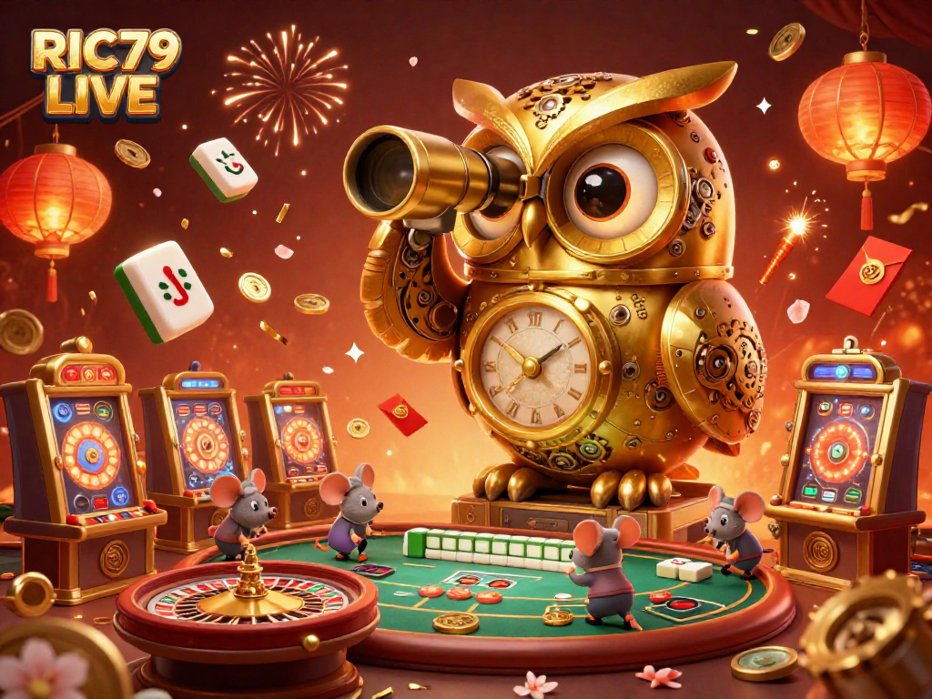 Experience the excitement of RIC79 LIVE as the golden owl oversees a festive casino scene, capturing winning moments.