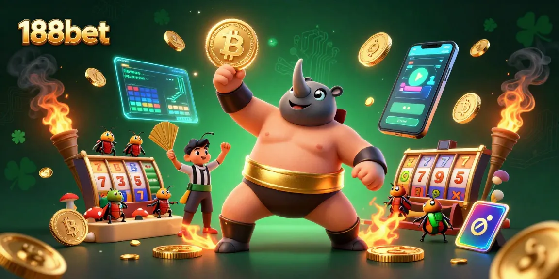 Engage with 188bet's vibrant casino scene featuring a sumo champion beetle, coins, and crypto elements.