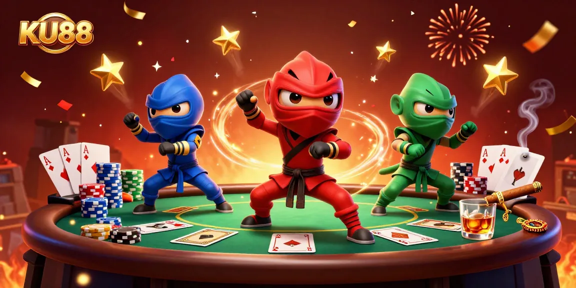 Experience excitement at KU88 with a vibrant 3D casino illustration showcasing poker action and thrilling characters.