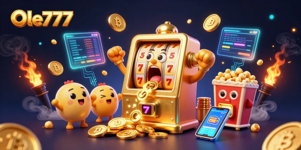 Experience excitement at Ole777 with a golden slot machine hitting a jackpot, surrounded by crypto coins and gaming elements.