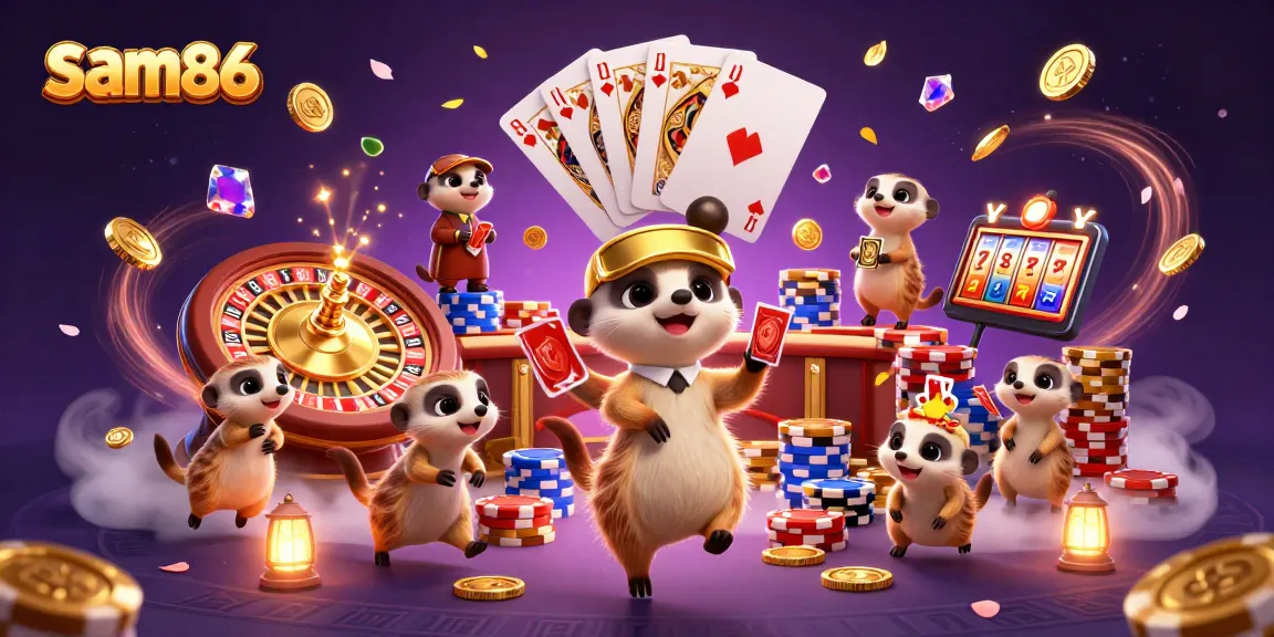 Experience excitement at sam86 with lively meerkats playing cards in a vibrant casino scene.