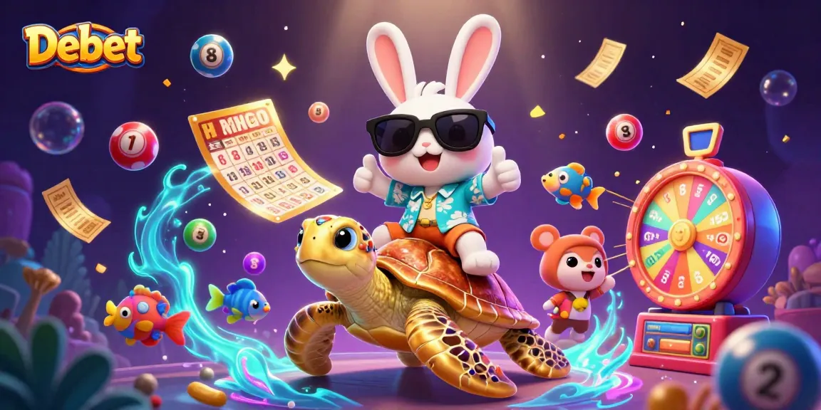 Debet offers vibrant lottery games with colorful balls surrounded by lively characters in this engaging casino illustration.