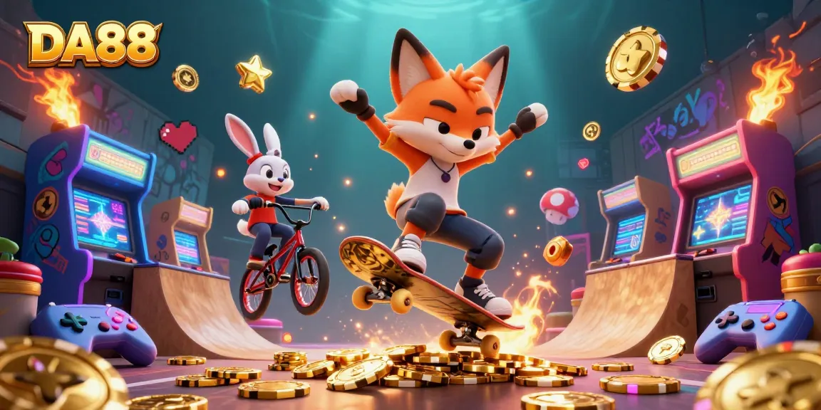 Experience the excitement of DA88 with a dynamic scene featuring a skateboarder fox and BMX-riding rabbit amidst casino elements.