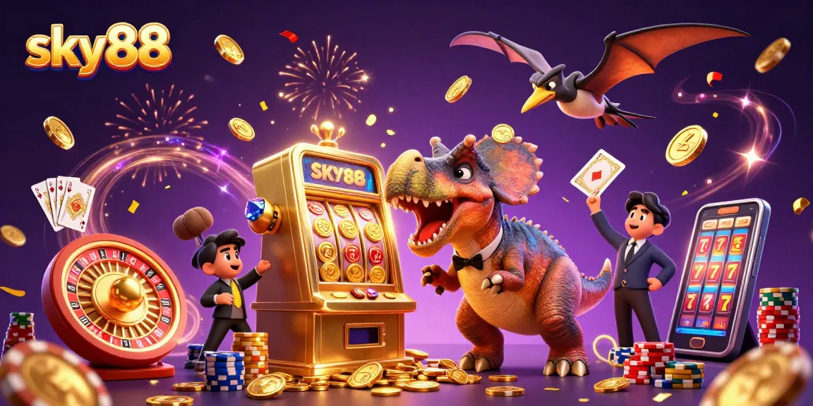 Experience the excitement of sky88 with a dinosaur-themed jackpot win surrounded by flying coins and casino elements.