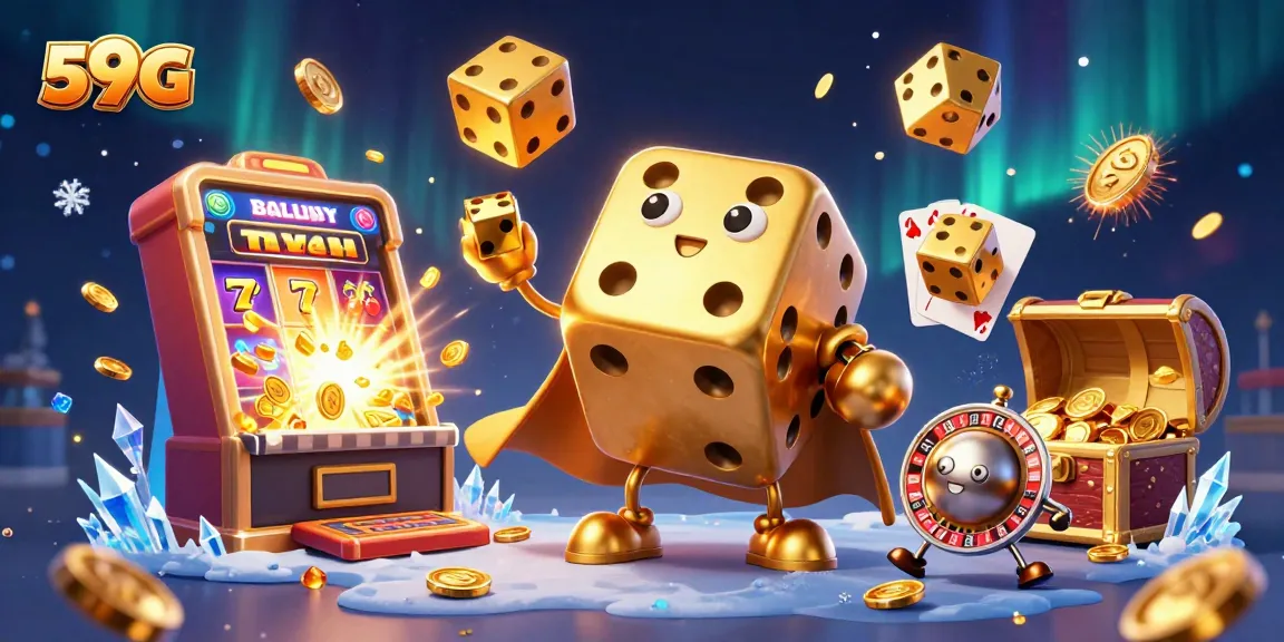 Play and win at 59G with vibrant 3D casino graphics showcasing dynamic gaming elements.