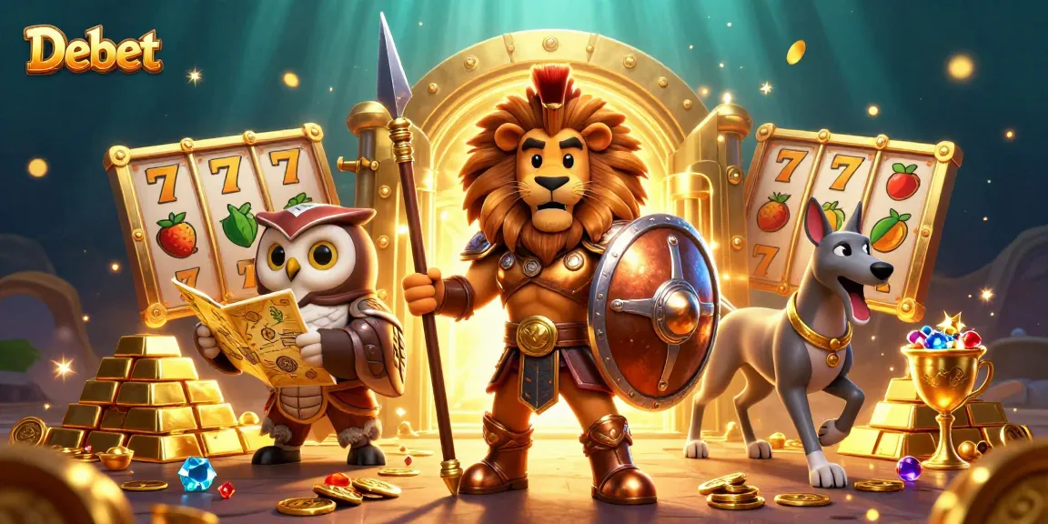Experience Debet's thrilling gameplay with a Spartan, owl, and greyhound illustrated amid riches.