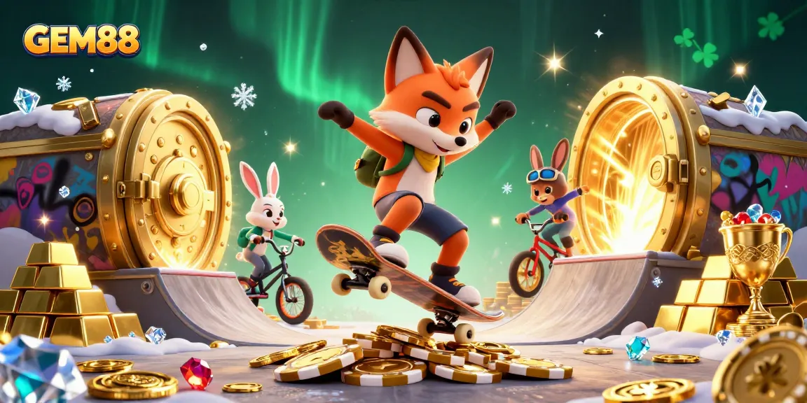 Experience GEM88's exhilarating world of online gaming featuring vibrant characters and casino elements.