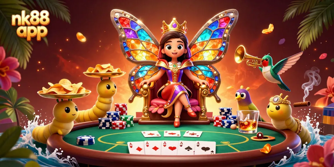 Experience the thrill of nk88 app with an enchanting illustration of a butterfly queen and poker elements.