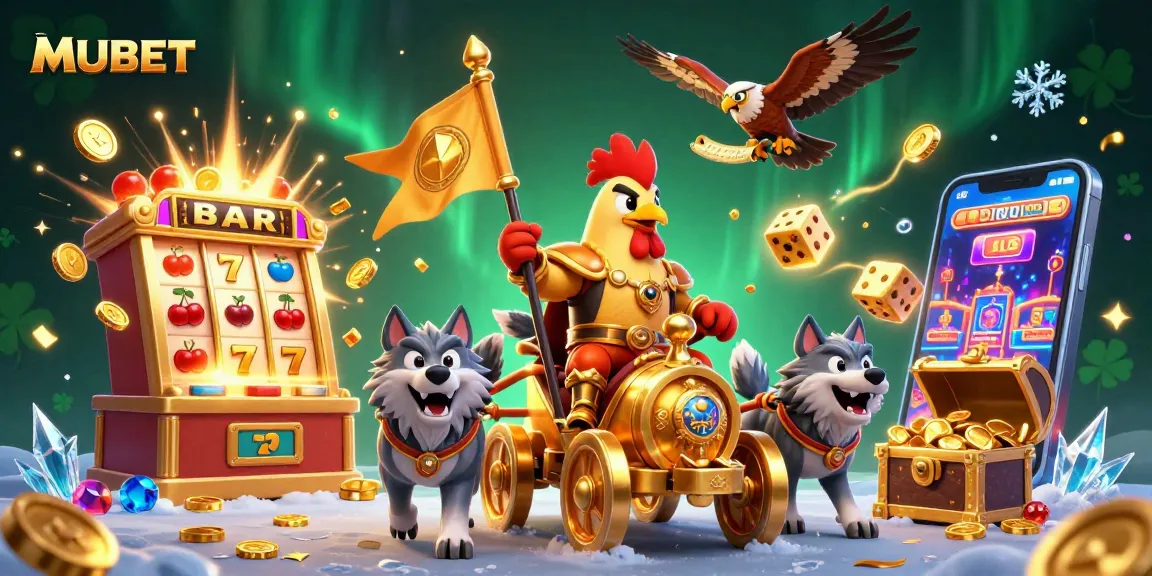 Experience MUBET's thrilling jackpot adventure with a vibrant illustration featuring a rooster warlord and golden treasures.
