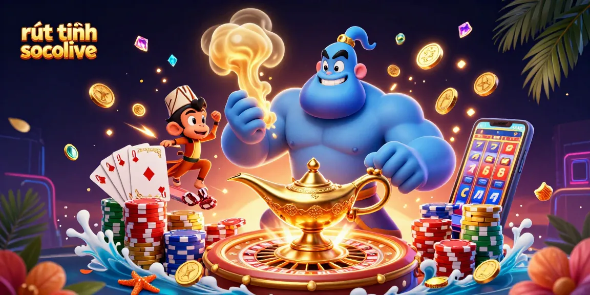 Experience the thrill of rút tiền Socolive with a dynamic scene of a genie and magical elements.