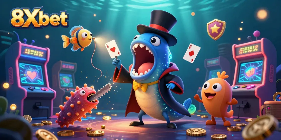 Engage with 8Xbet through a vibrant underwater scene featuring dynamic gaming elements.