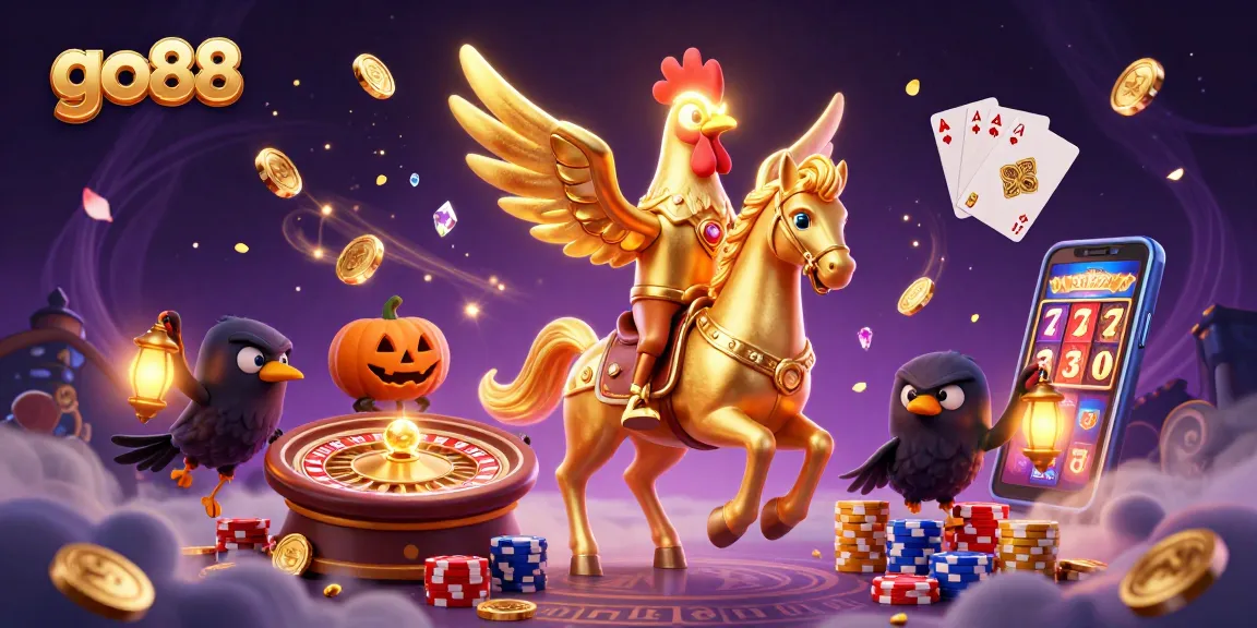 Experience the thrill of go88 with a golden rooster in a vibrant casino filled with dynamic gaming elements.